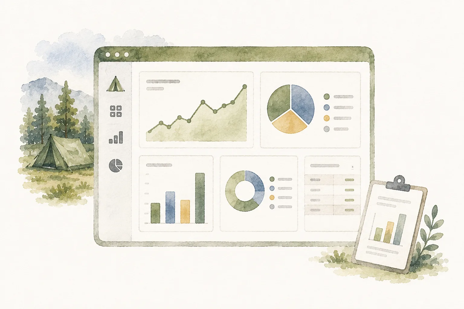 A campsite host reviewing booking and revenue charts on a laptop