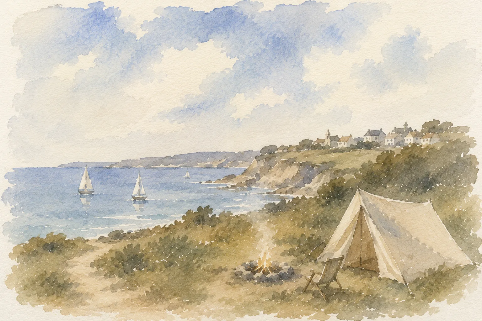 A tent on a grassy clifftop above a turquoise Pembrokeshire cove